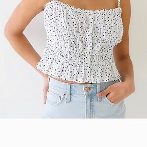 J Crew Cinched Waist Cotton Poplin Tank Top in Polka Dots, White Blue Si…